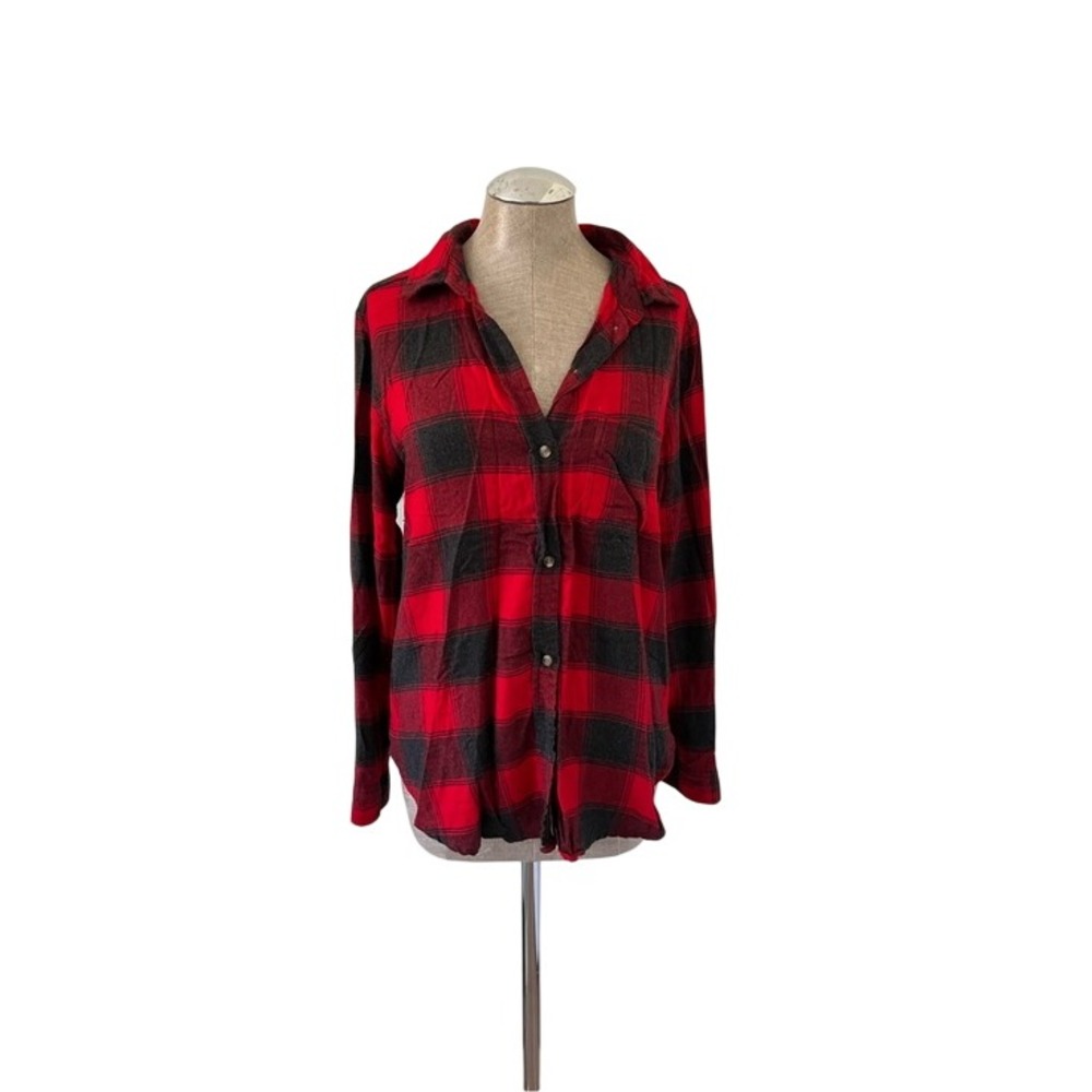 American Eagle Red Grey Buffalo Plaid Flannel Boyfriend Fit Button Down Shirt M - Picture 1 of 8